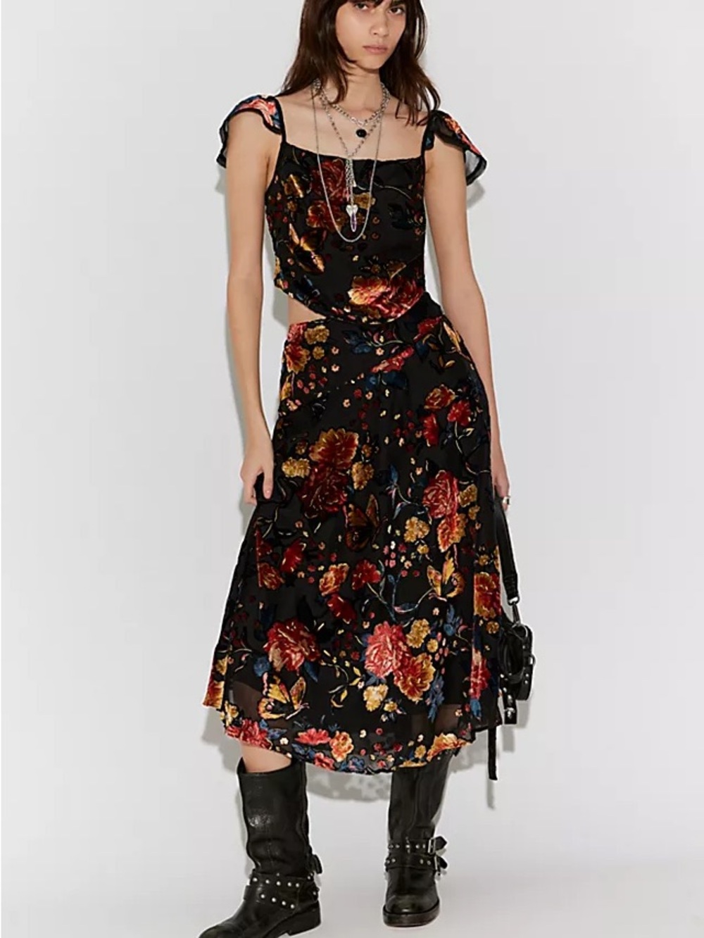 Free People Electra Heart Midi Black Floral Two-Piece Skirt Set
